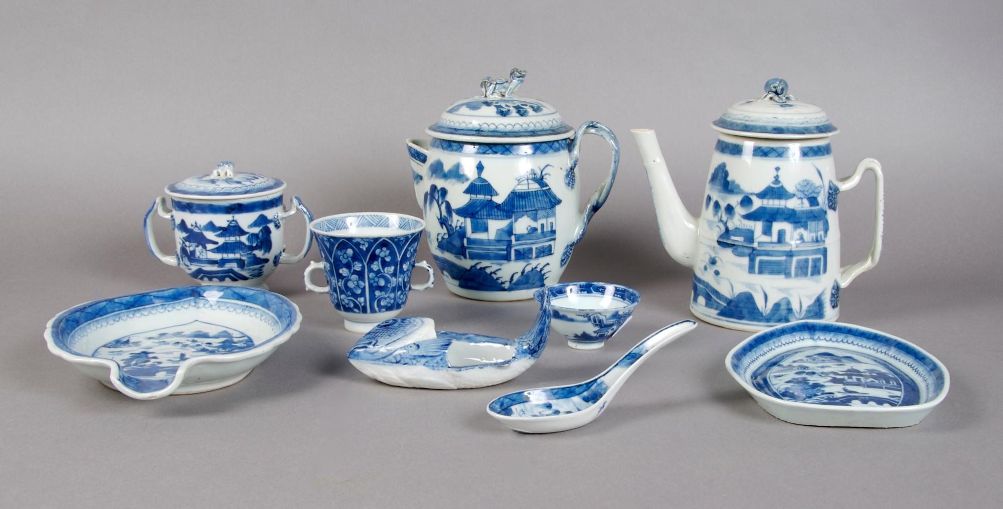 A Group of Nine Porcelain Asian Export Items, Height of tallest 7 1/4 inches.