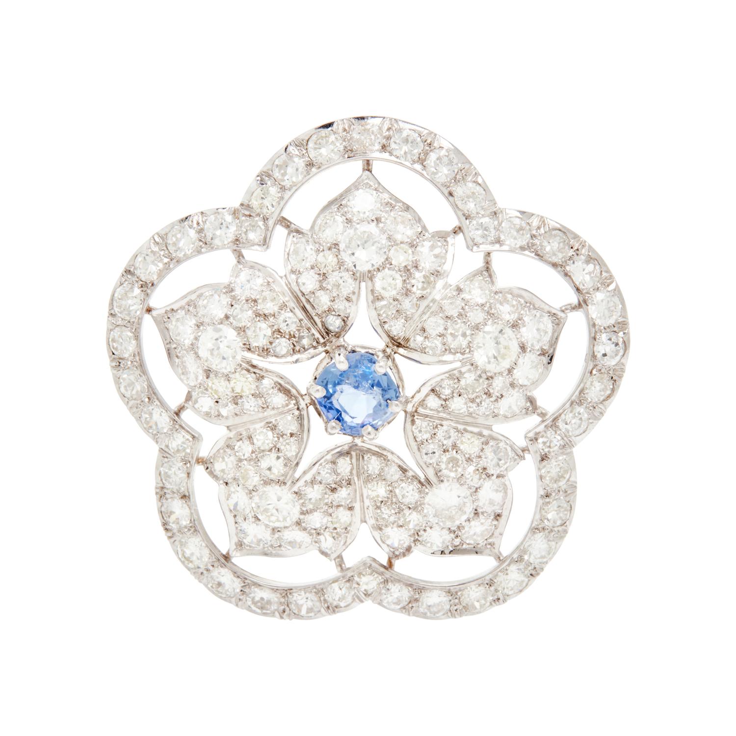 PLATINUM, DIAMOND, AND SAPPHIRE BROOCH