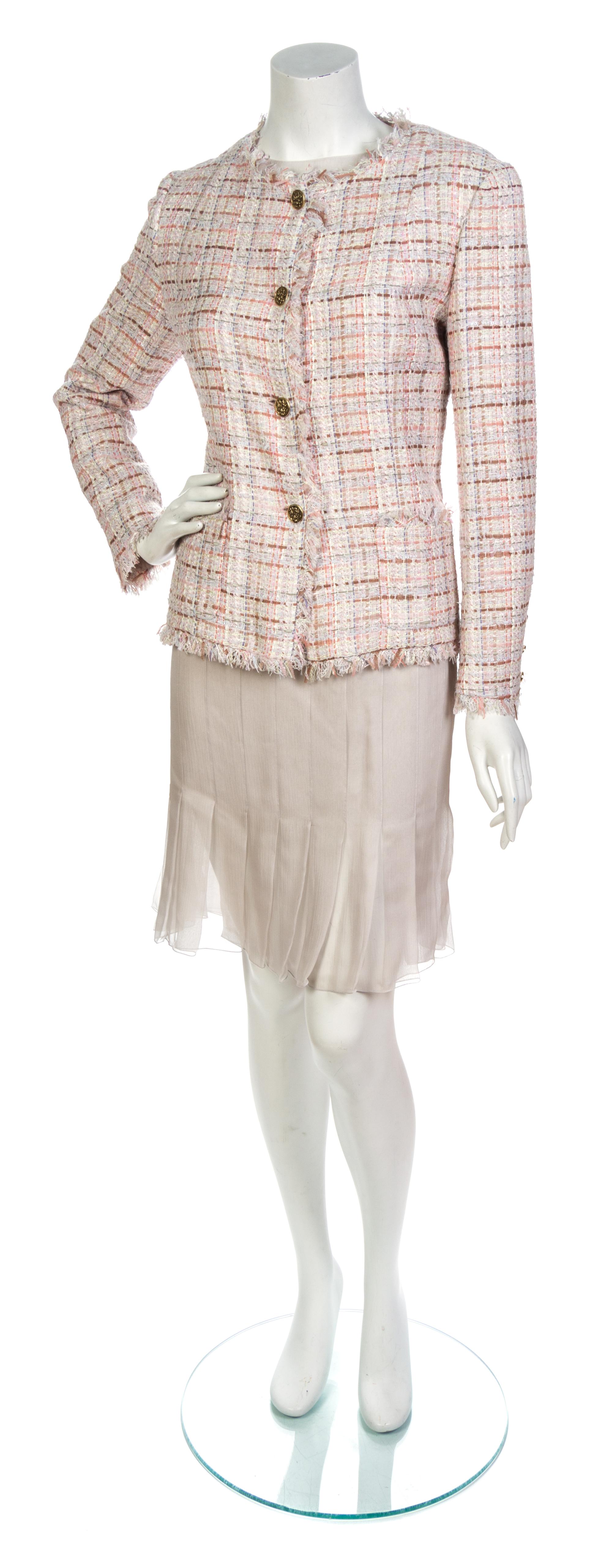 A Chanel Pink, Taupe and Silver Silk Tweed Skirt Ensemble,