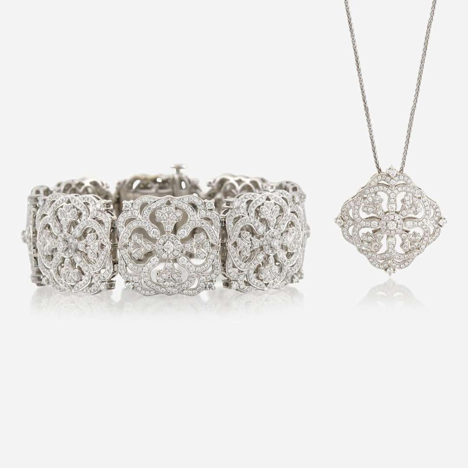 A diamond and white gold bracelet with matching pendant, Charles Krypell