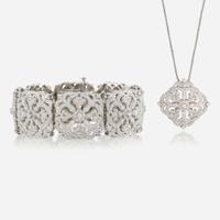 A diamond and white gold bracelet with matching pendant, Charles Krypell