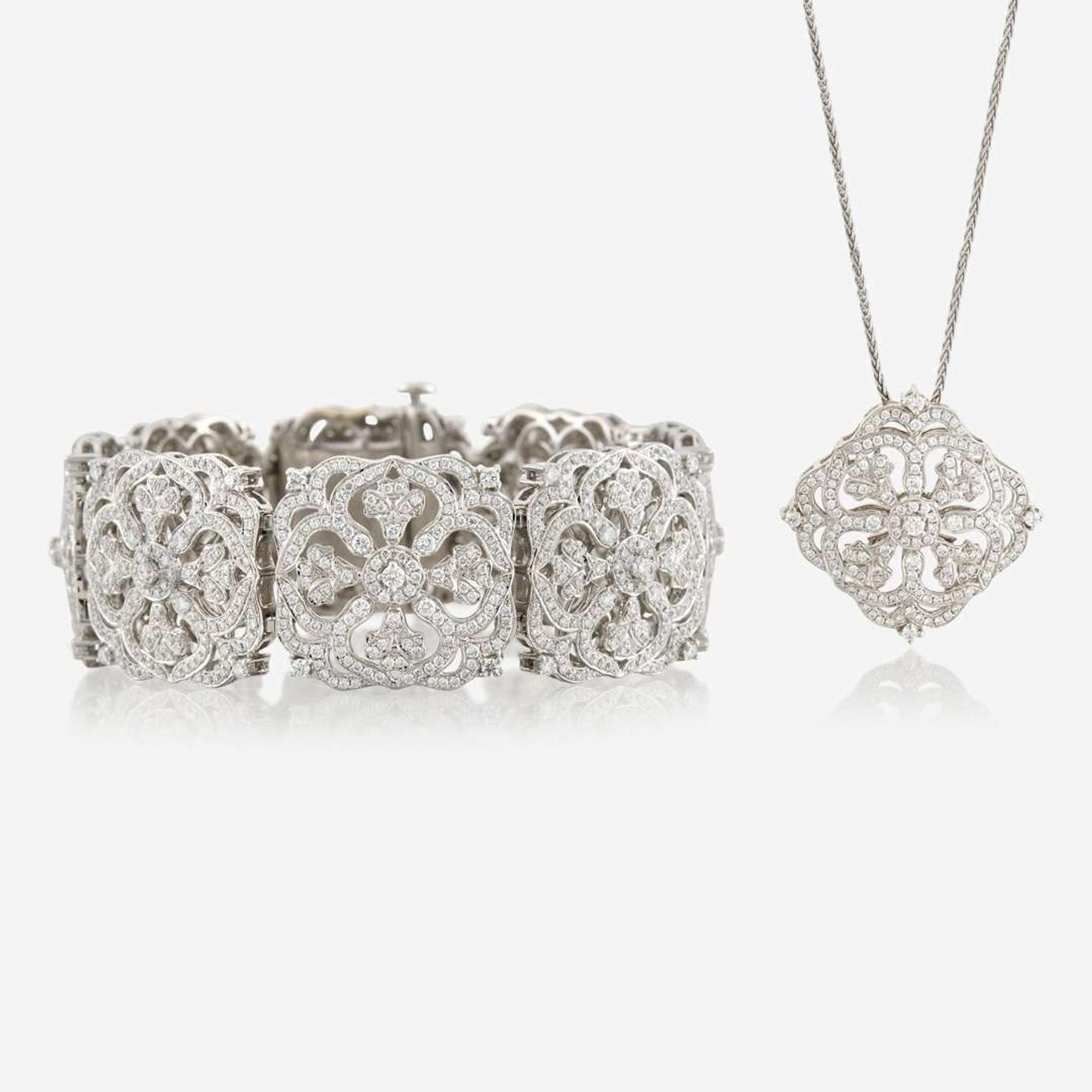 A diamond and white gold bracelet with matching pendant, Charles Krypell