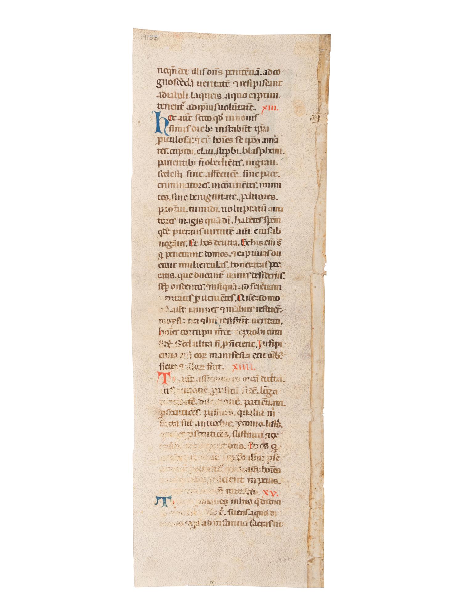 CIRCLE OF THE MASTER OF BAGNACAVALLO AND OF THE MASTER OF IMOLA (active Italy, Bologna, second half of thirteenth century) A partial leaf from an “Atlantic” Bible, with a historiated initial ‘P’ of St. Paul, in Latin, illuminated manuscript on parchment [Italy, Bologna, c. 1270]