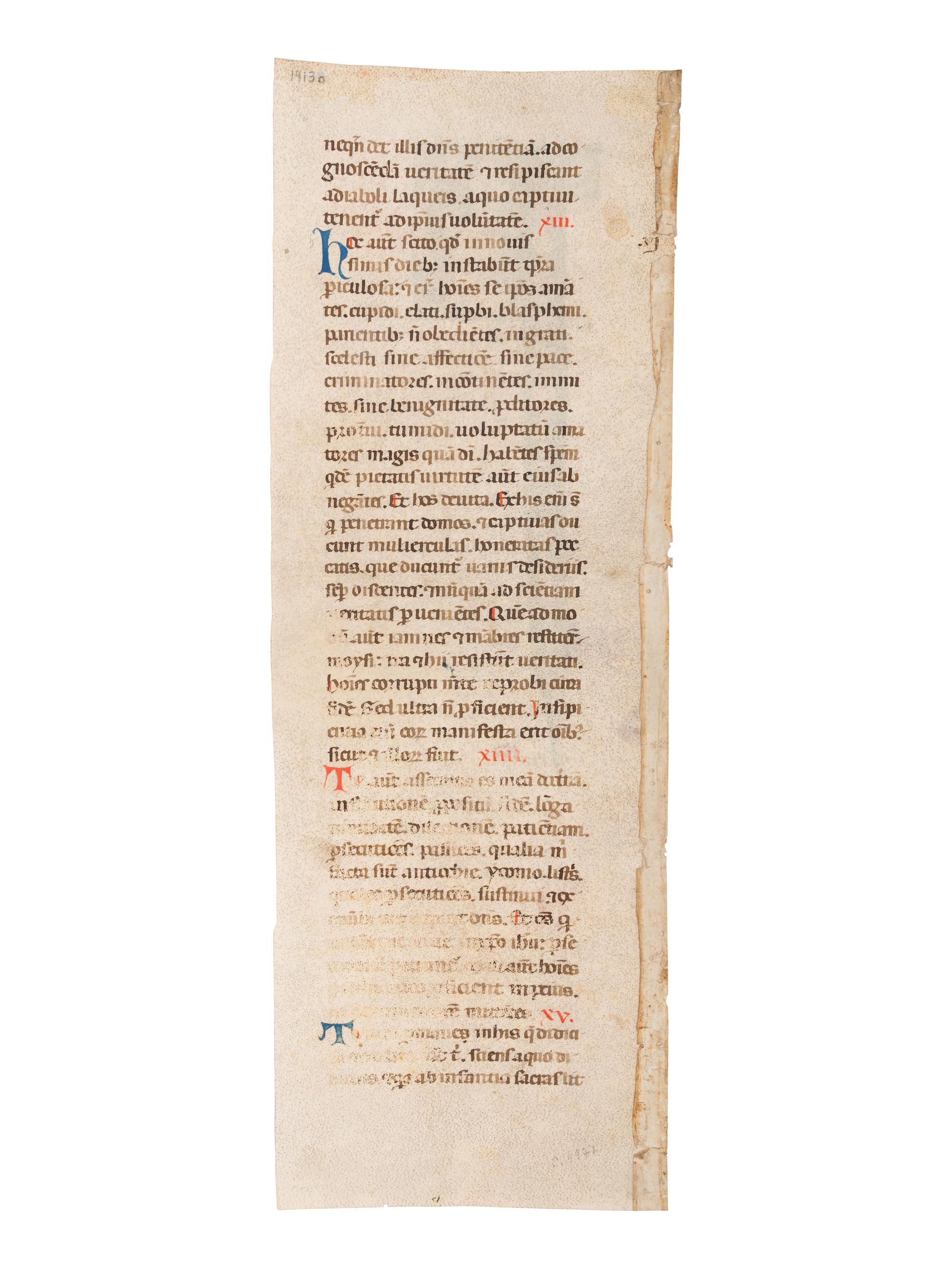 CIRCLE OF THE MASTER OF BAGNACAVALLO AND OF THE MASTER OF IMOLA (active Italy, Bologna, second half of thirteenth century) A partial leaf from an “Atlantic” Bible, with a historiated initial ‘P’ of St. Paul, in Latin, illuminated manuscript on parchment [Italy, Bologna, c. 1270]