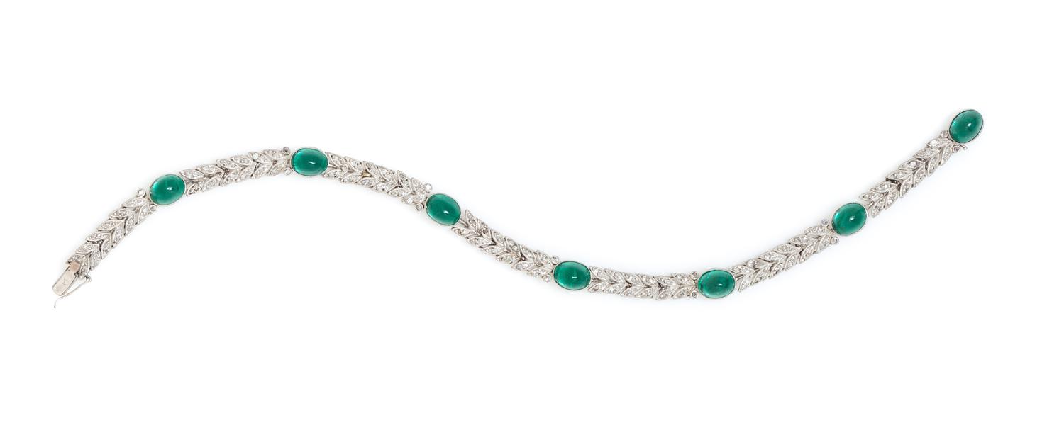 An Art Deco Platinum, Green Glass and Diamond Bracelet, 8.10 dwts.
