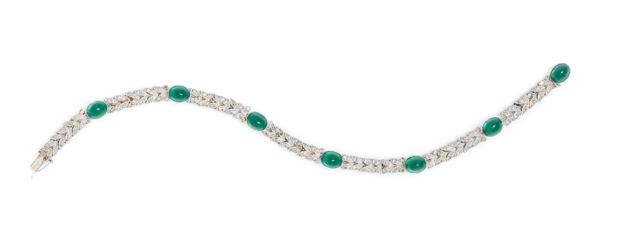 An Art Deco Platinum, Green Glass and Diamond Bracelet, 8.10 dwts.