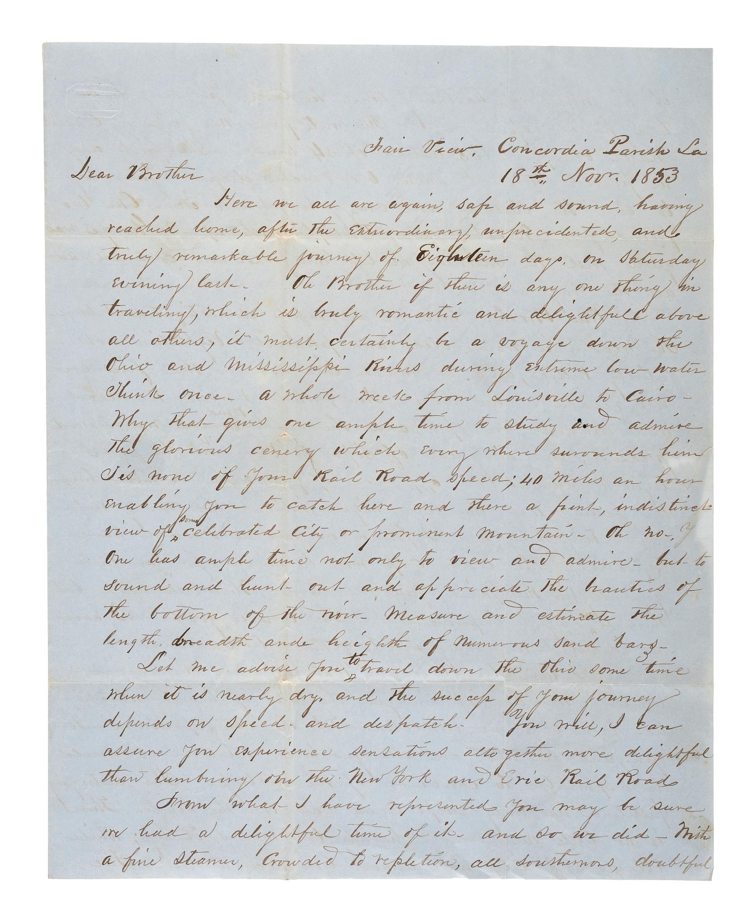 [LOUISIANA]. A letter describing the journey from New York to Louisiana along with the devastation wrought by the 1853 yellow fever outbreak in Natchez, Mississippi.