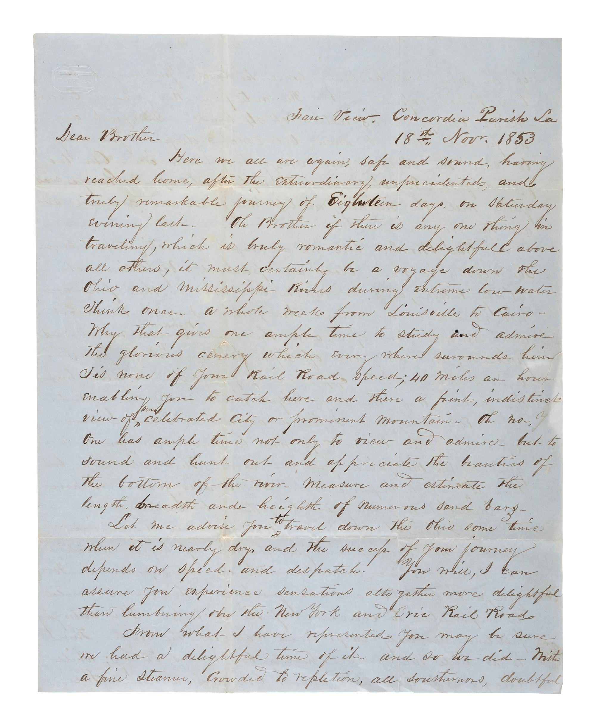[LOUISIANA]. A letter describing the journey from New York to Louisiana along with the devastation wrought by the 1853 yellow fever outbreak in Natchez, Mississippi.