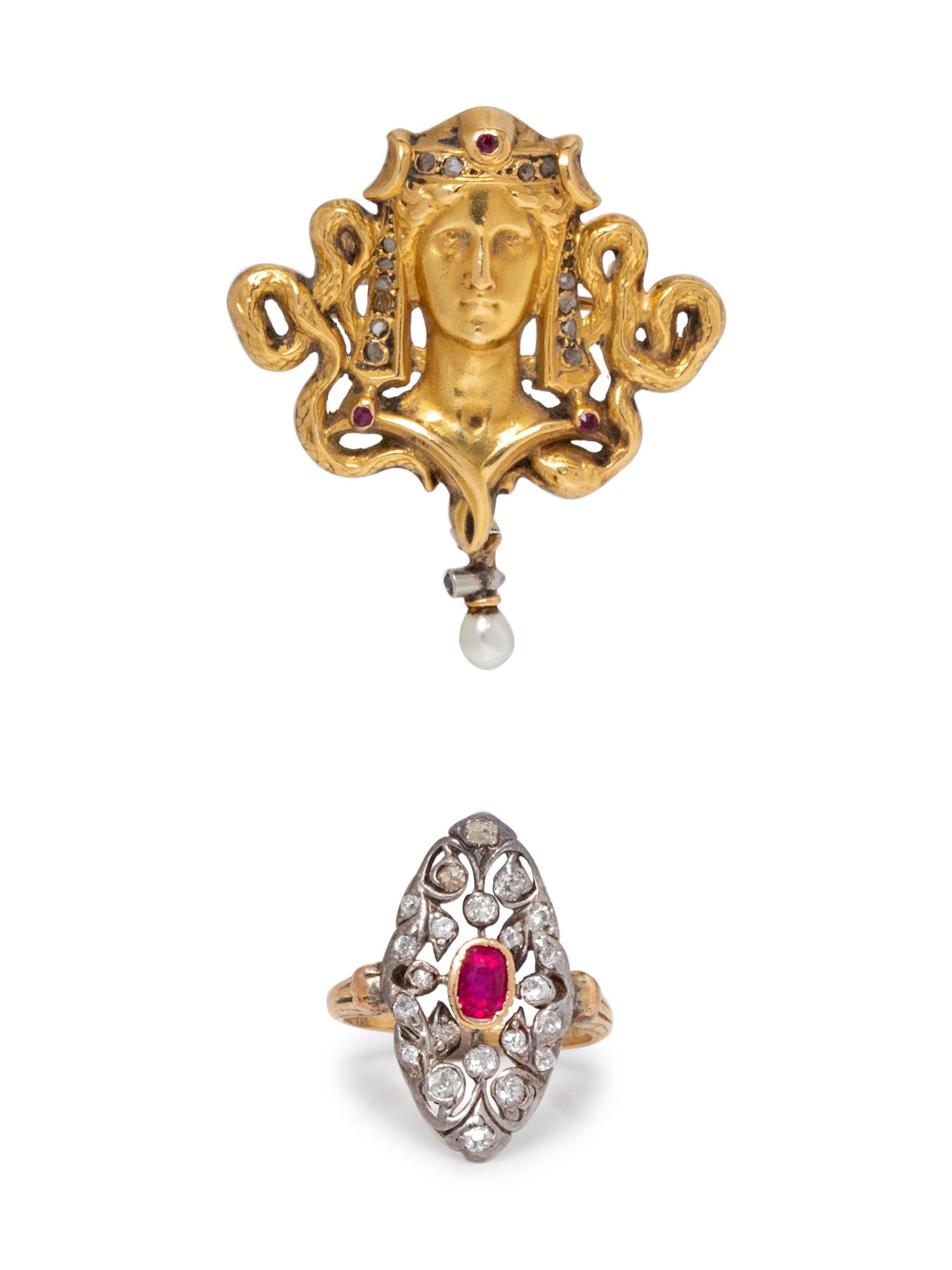 A Collection of Antique Gold, Ruby and Diamond Jewelry,