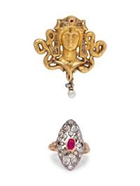 A Collection of Antique Gold, Ruby and Diamond Jewelry,