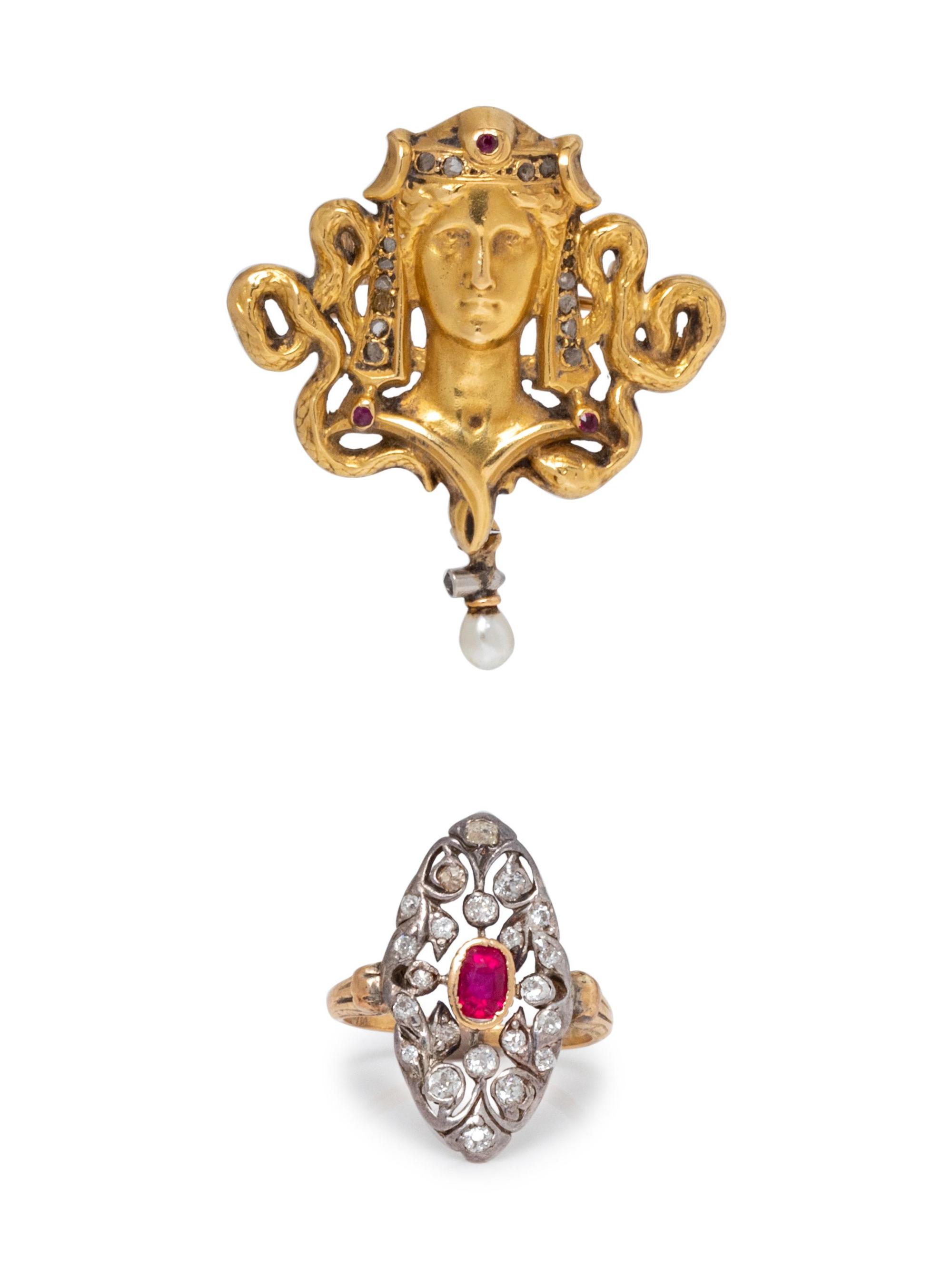 A Collection of Antique Gold, Ruby and Diamond Jewelry,