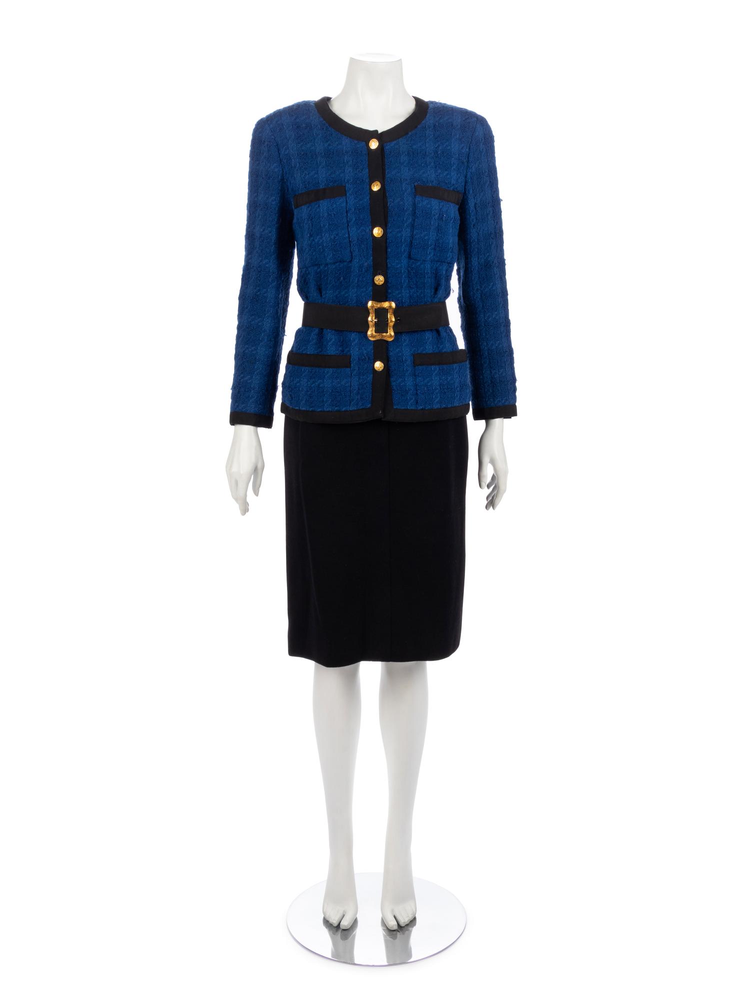 Chanel Blue Skirt Suit with Belt, 1990-2000s