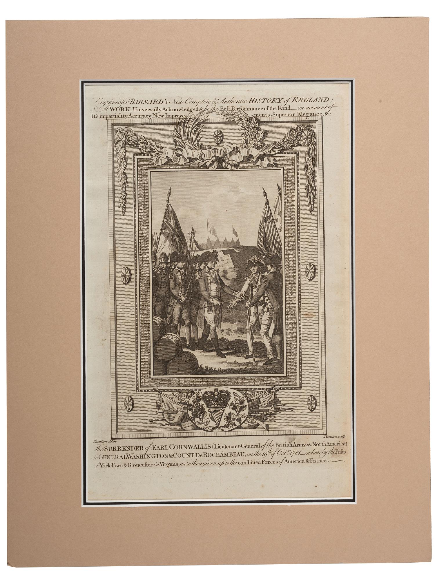 [WASHINGTON, George (1732-1799)]. THORNTON, engraver. HAMILTON, delin. The Surrender of Earl Cornwallis (Lieutenant-General of the British Army in North America) to General Washington & Count DeRochambeau, on the 19th of Octr. 1781.