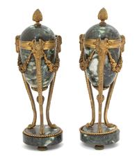 A Pair of Louis XVI Style Gilt Bronze Mounted Marble Cassoulets Height 10 1/2 x diameter 3 1/2 inches. — 19TH CENTURY