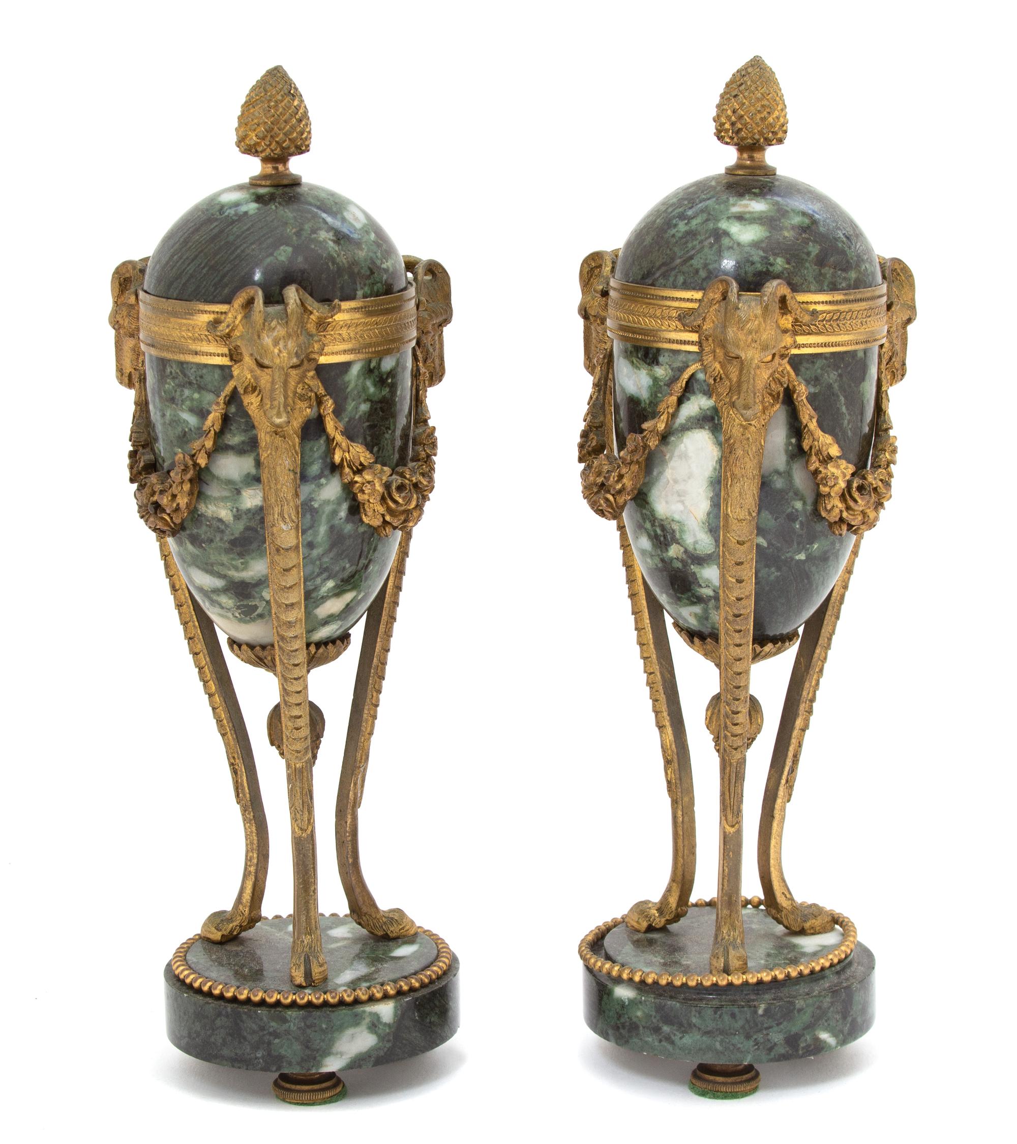 A Pair of Louis XVI Style Gilt Bronze Mounted Marble Cassoulets Height 10 1/2 x diameter 3 1/2 inches. — 19TH CENTURY