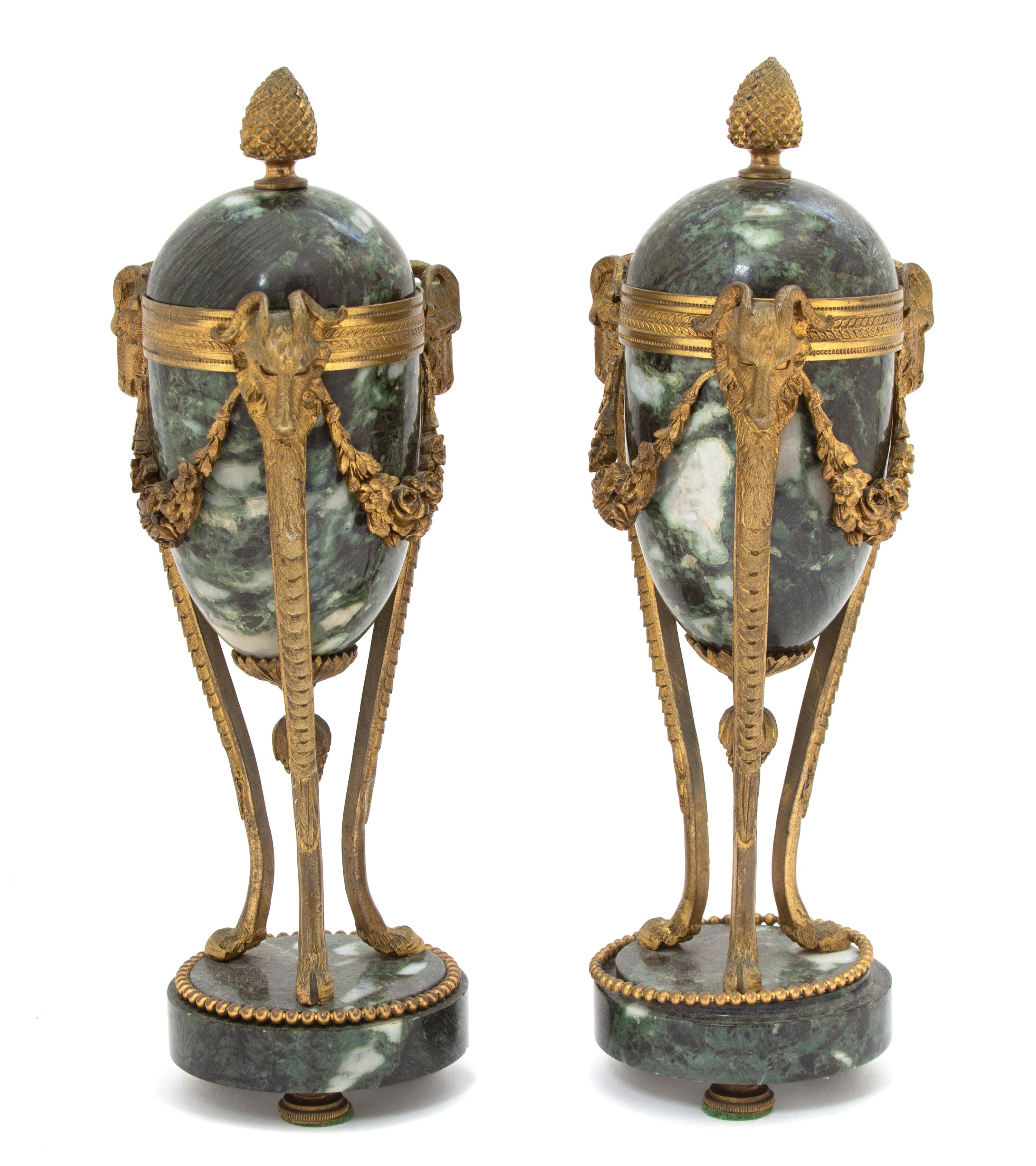 A Pair of Louis XVI Style Gilt Bronze Mounted Marble Cassoulets Height 10 1/2 x diameter 3 1/2 inches. — 19TH CENTURY
