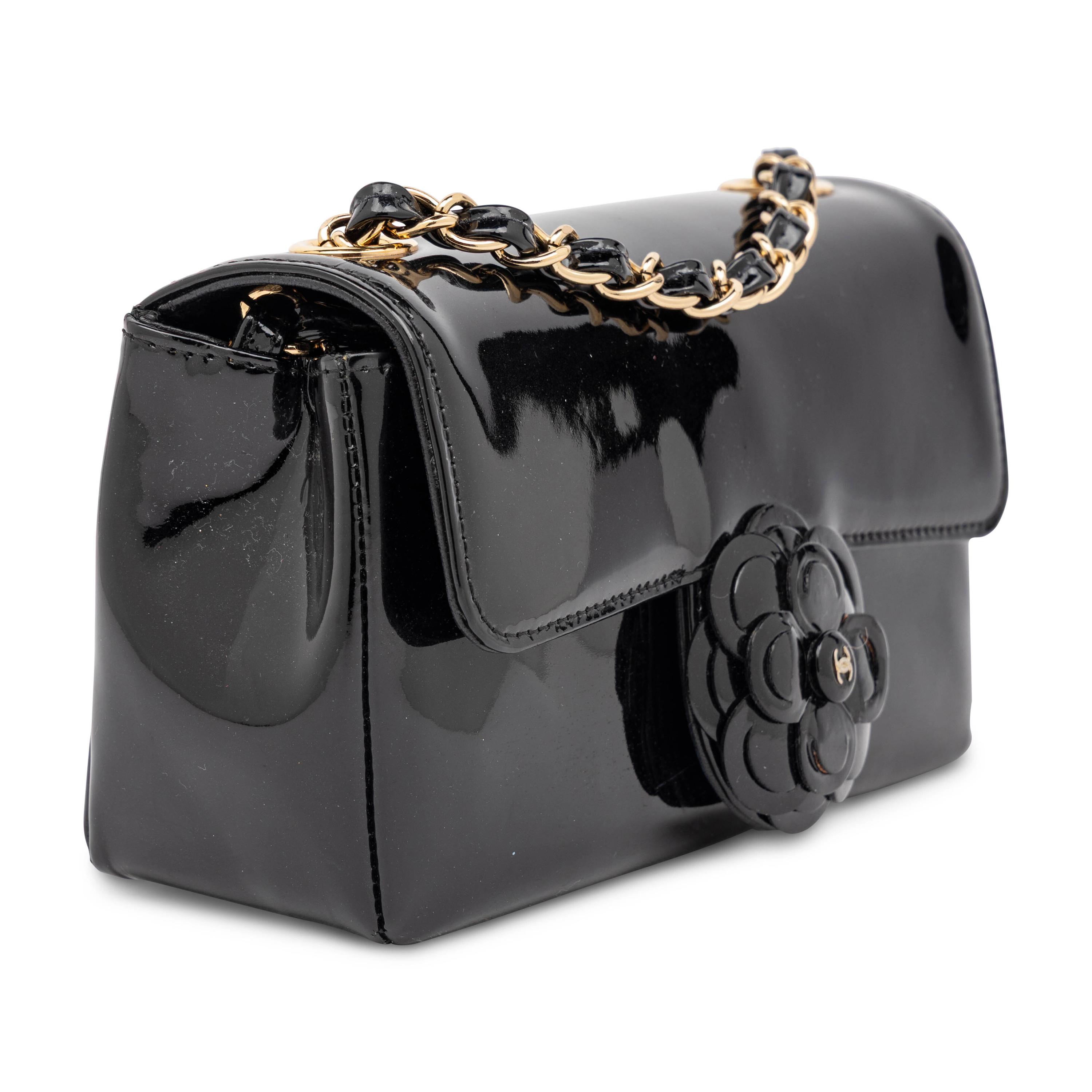 Chanel, Small Camellia Flap Bag in Black Patent Leather