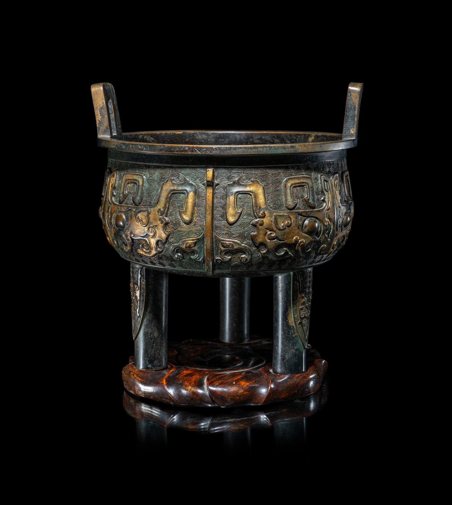 A Chinese Parcel Gilt Archaistic Bronze Bronze Ding Vessel