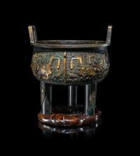 A Chinese Parcel Gilt Archaistic Bronze Bronze Ding Vessel