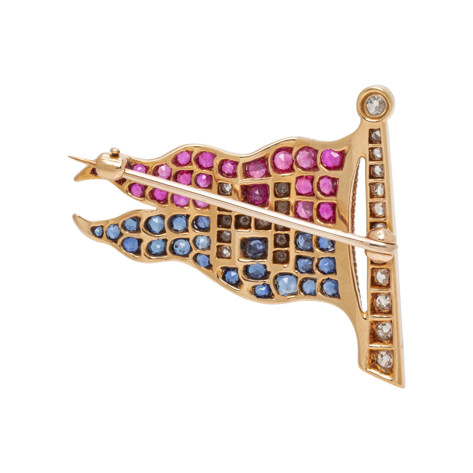 ANTIQUE, DIAMOND, RUBY AND SAPPHIRE FLAG BROOCH