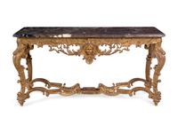 A Pair of Louis XV Style Giltwood Marble-Top Console Tables