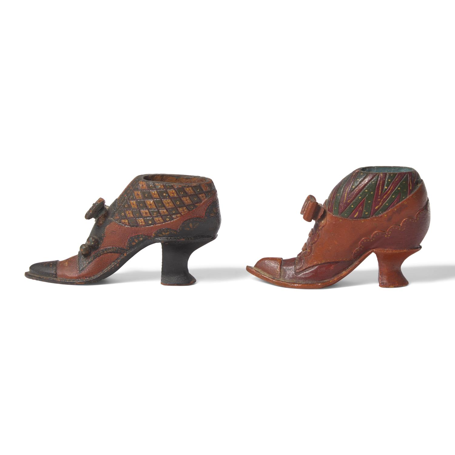 Two Painted Wood Pin Cushion Holders in the Form of Shoes