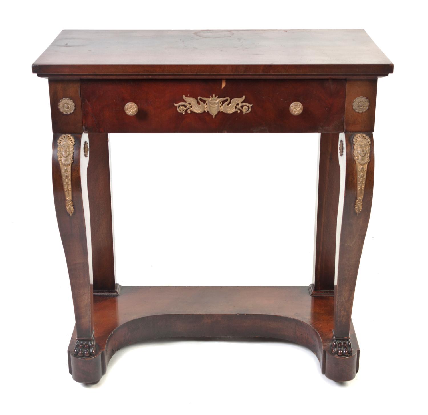 An Empire Gilt Bronze Mounted Mahogany Console Table, Height 31 x width 28 1/2 x depth 17 inches.
