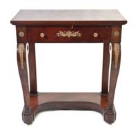 An Empire Gilt Bronze Mounted Mahogany Console Table, Height 31 x width 28 1/2 x depth 17 inches.