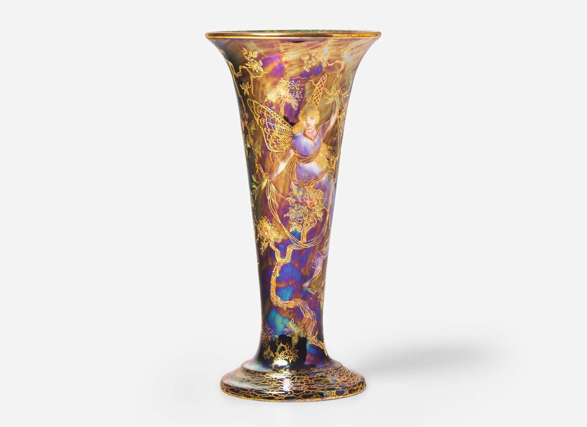 A Wedgwood Black Fairyland Lustre "Butterfly Women" Pattern Footed Vase, UK, 1920s