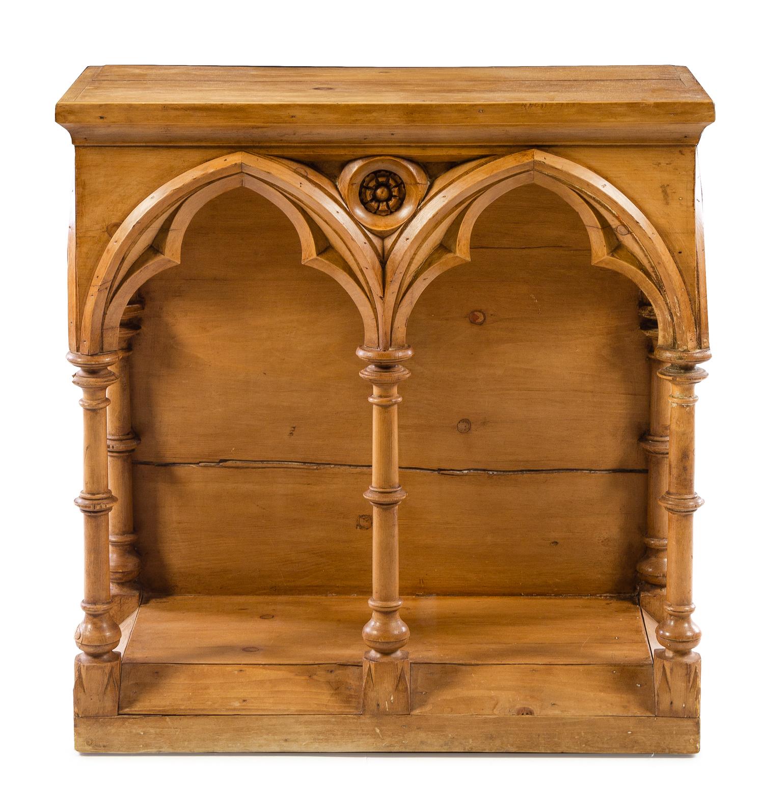 A Gothic Style Pine Console Table Height 33 x width 31 7/8 x depth 14 1/2 inches. — 20TH CENTURY WITH EARLIER ELEMENTS