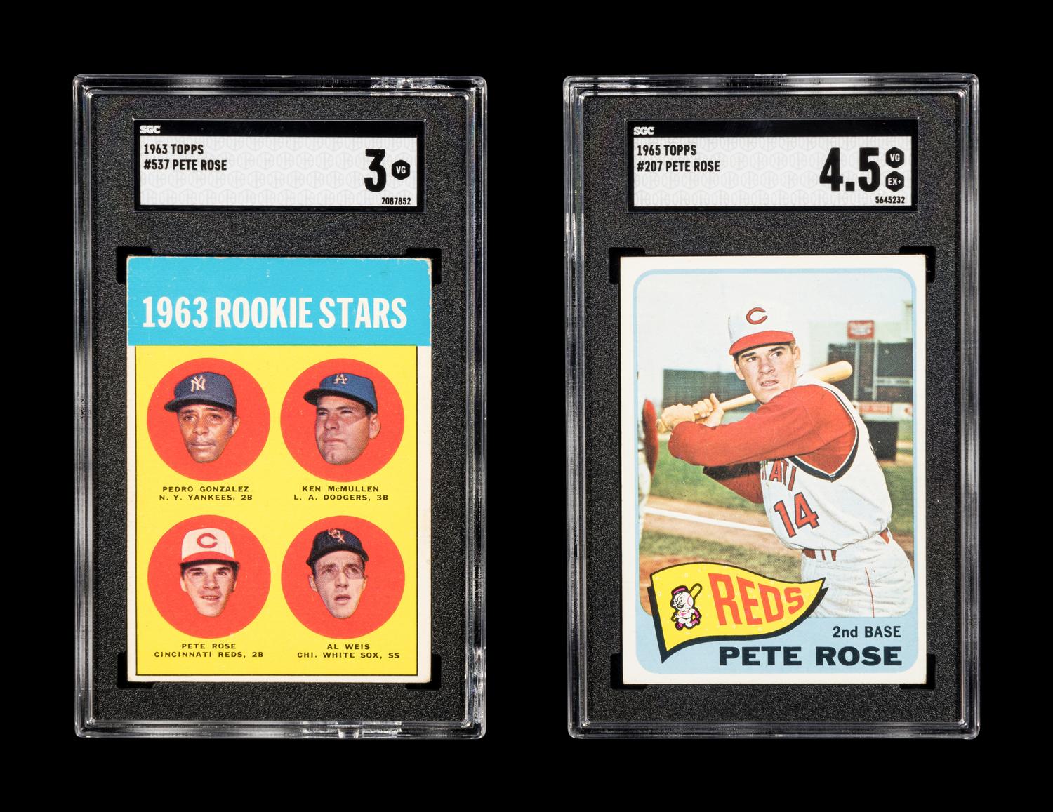 A 1963 Topps Pete Rose Rookie Baseball Card No. 537 (SGC 3 VG) and 1965 Topps Card No. 207 (SGC 4.5 VG-EX+)