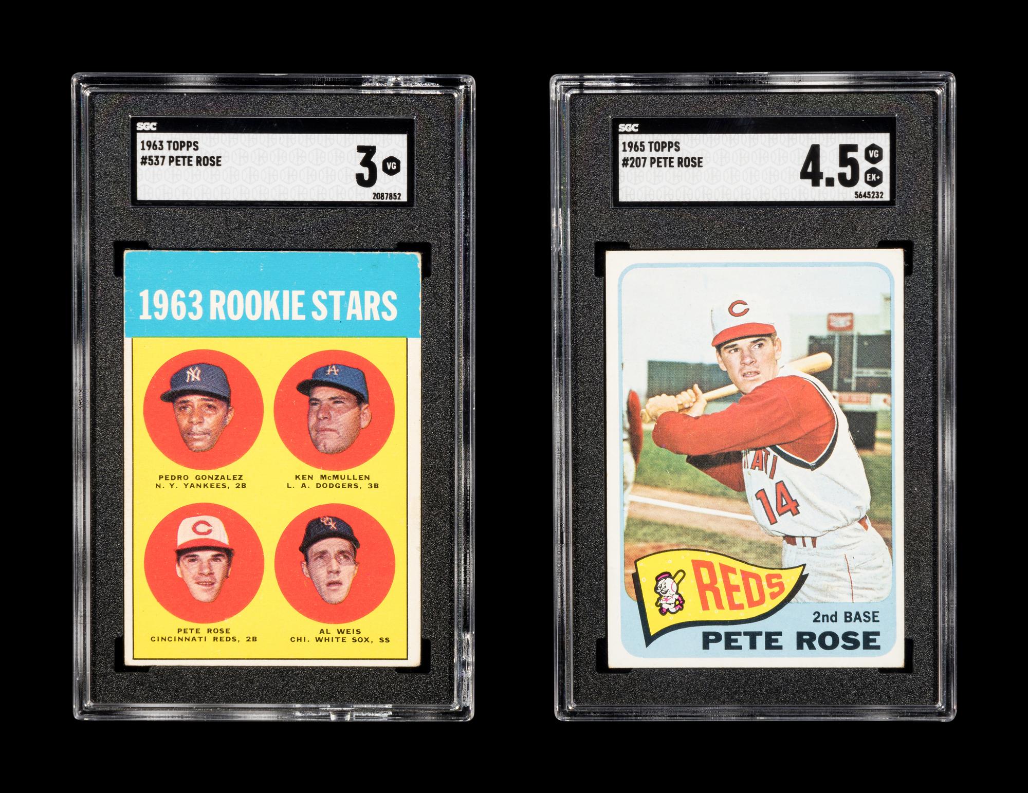 A 1963 Topps Pete Rose Rookie Baseball Card No. 537 (SGC 3 VG) and 1965 Topps Card No. 207 (SGC 4.5 VG-EX+)