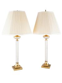 Four Glass and Brass Column Form Table Lamps