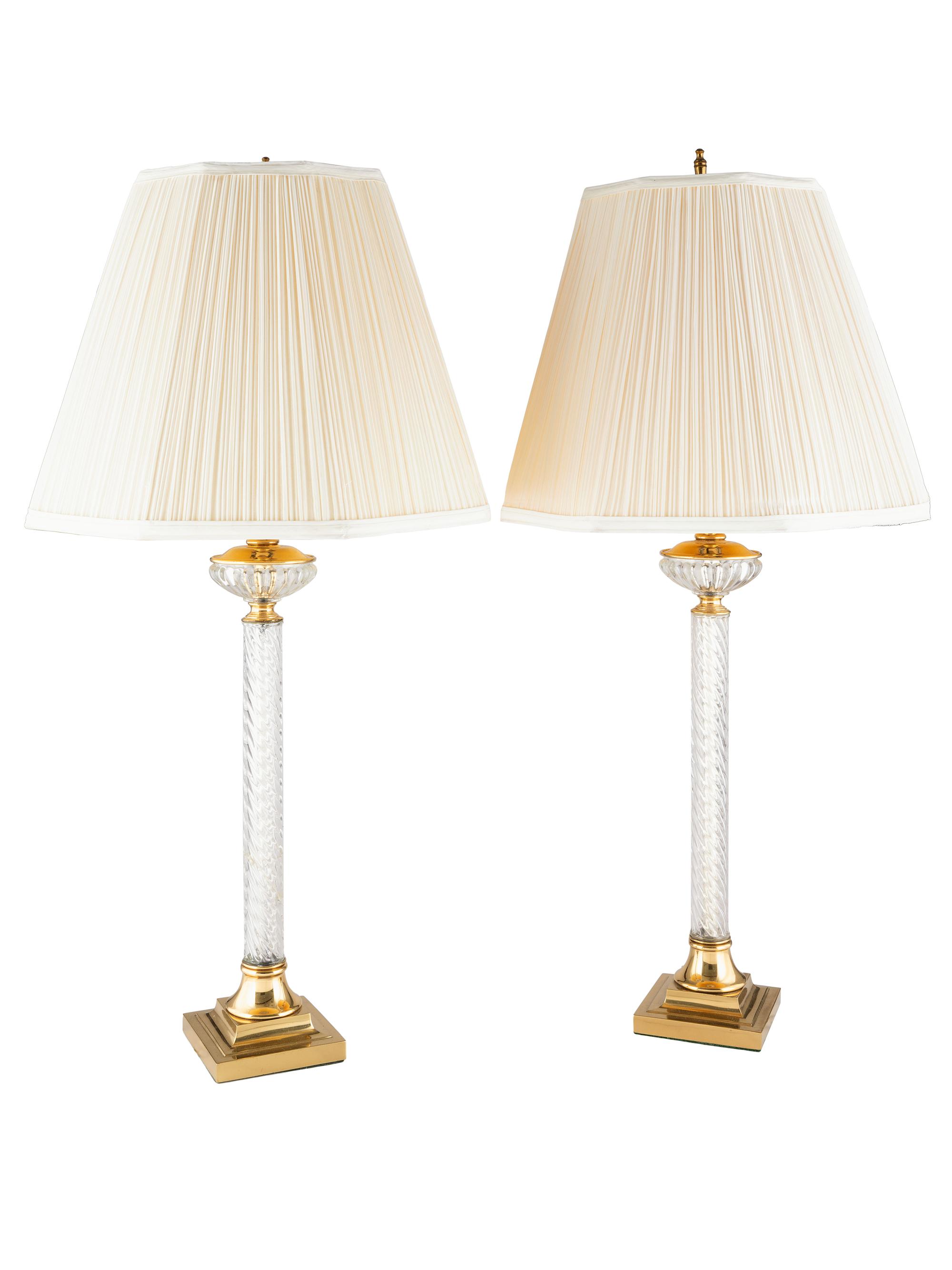 Four Glass and Brass Column Form Table Lamps