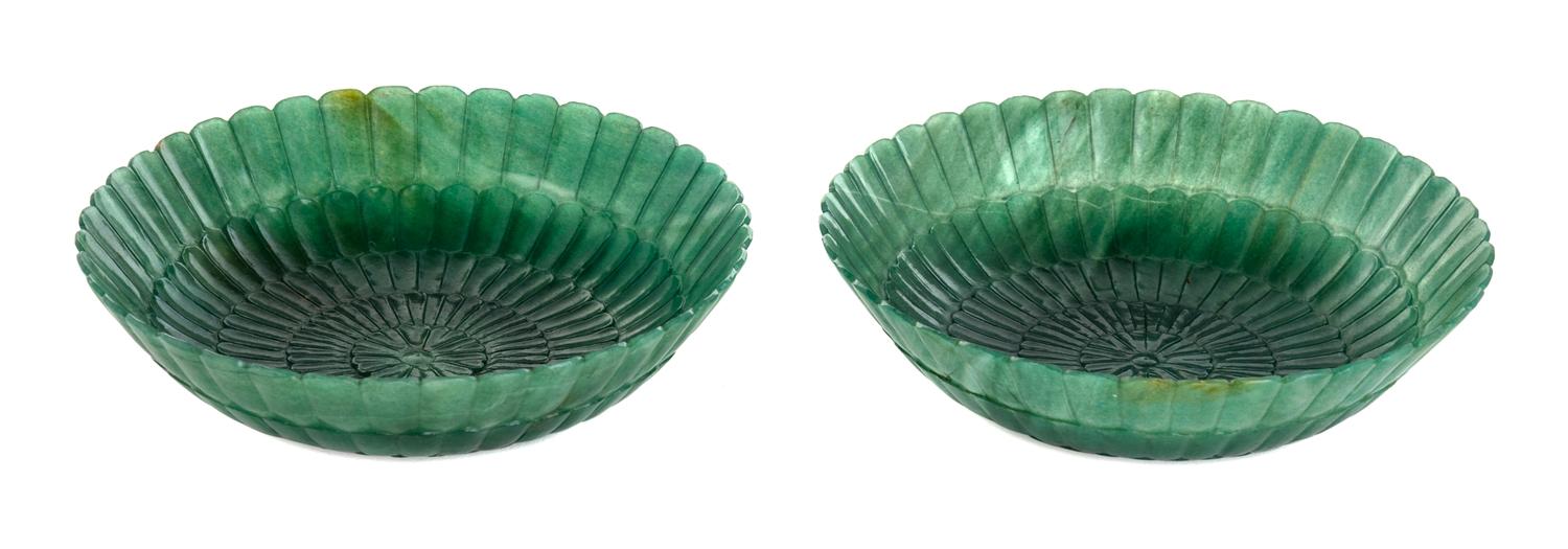 A Pair of Mughal Style Green Quartz Chrysanthemum Bowls Diameter 6 inches. — 20TH CENTURY