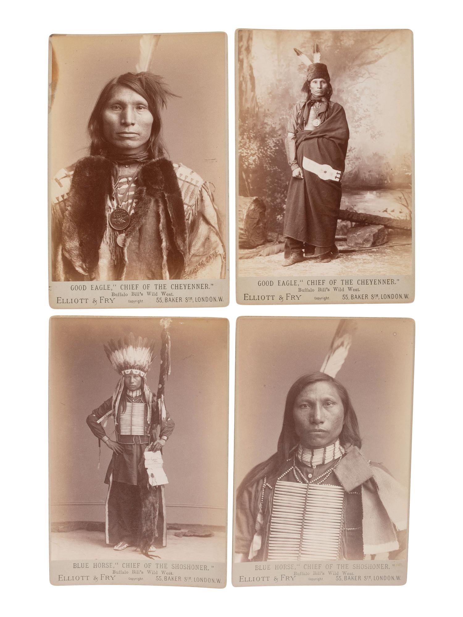 ELLIOTT AND FRY, photographers. Four cabinet cards of Cheyenne and Shoshone Indians from Buffalo Bill's Wild West show. London, ca 1887.