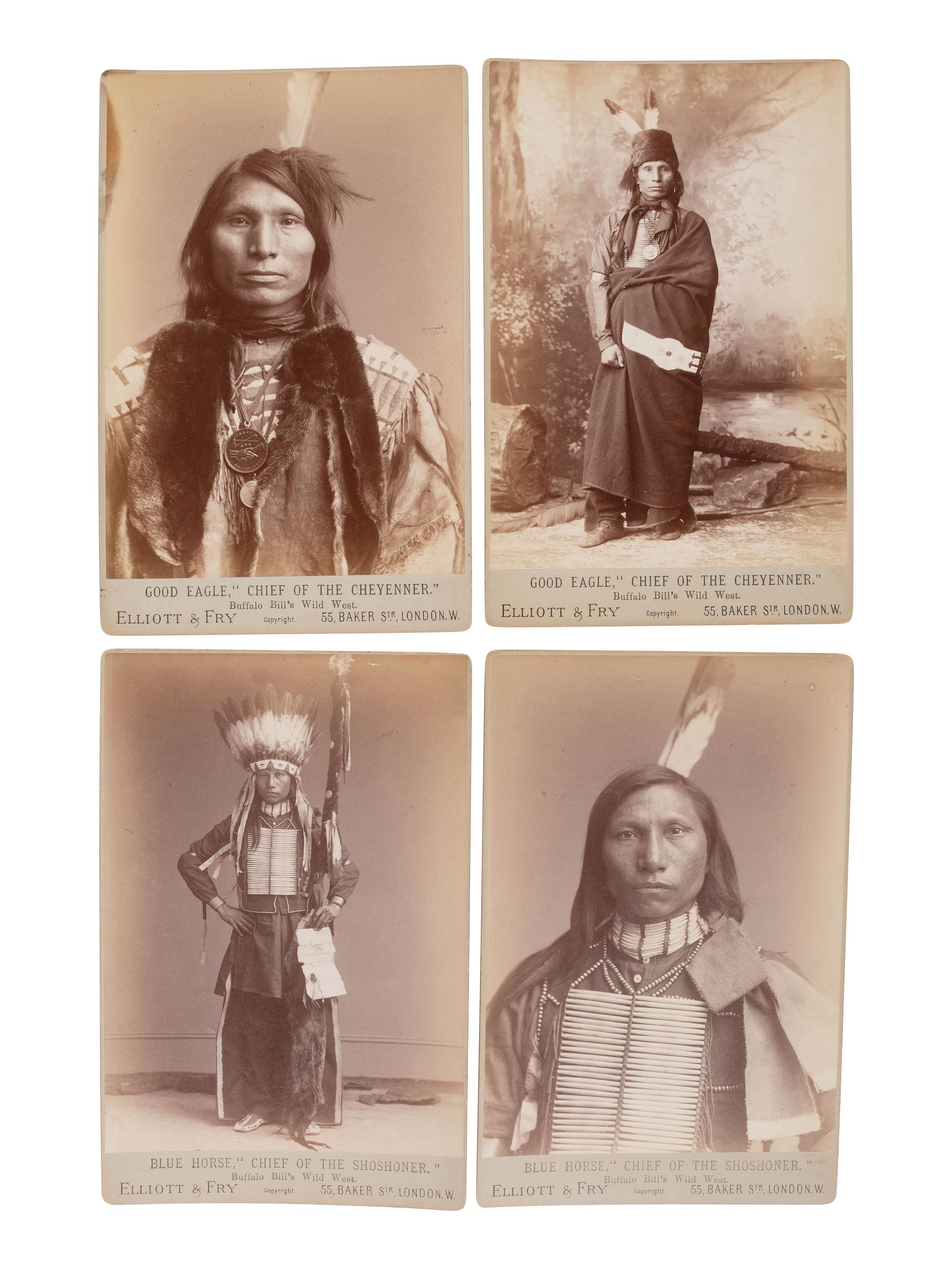 ELLIOTT AND FRY, photographers. Four cabinet cards of Cheyenne and Shoshone Indians from Buffalo Bill's Wild West show. London, ca 1887.