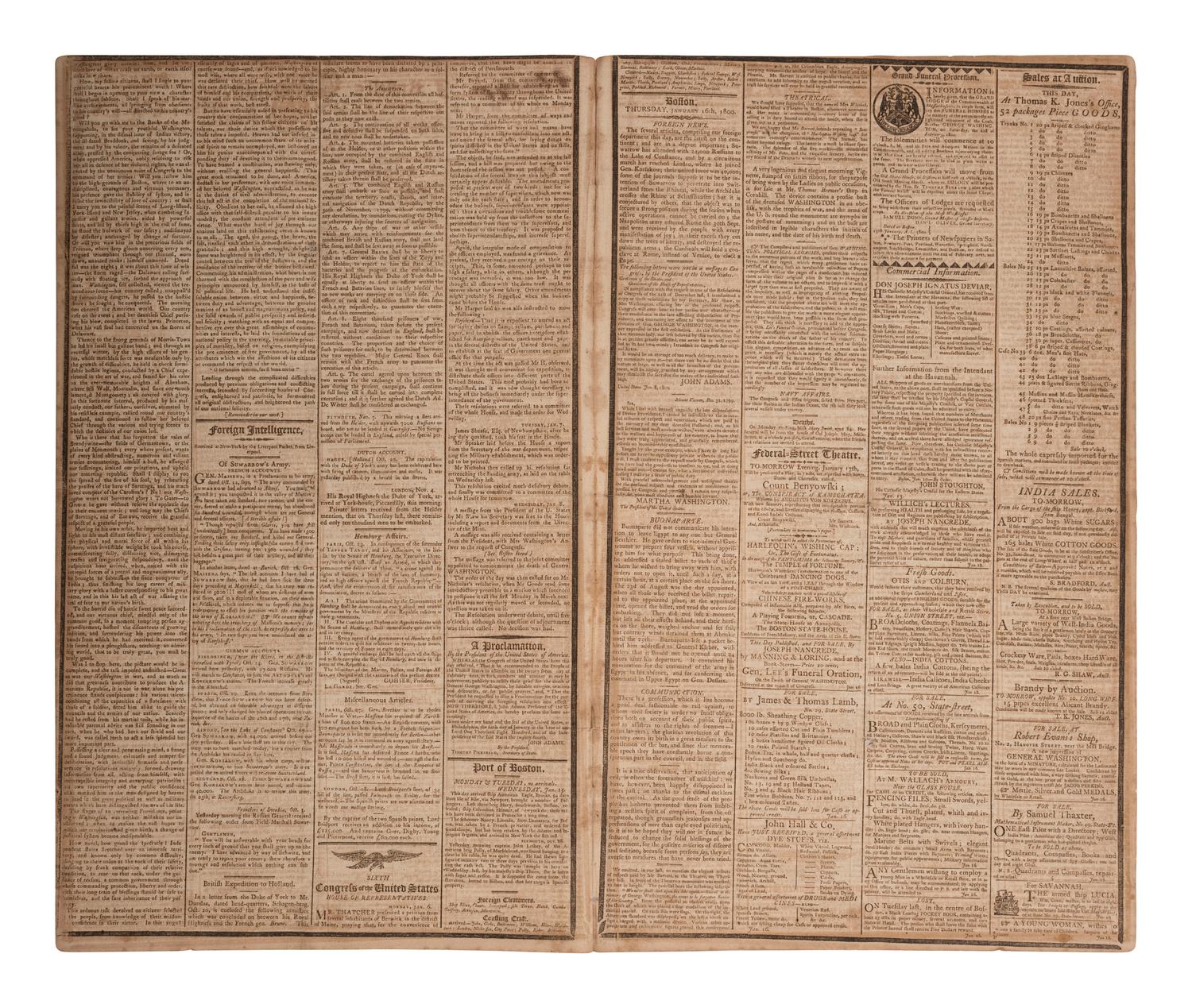 [WASHINGTON, George (1732-1799)]. J. Russell’s Gazette. Vol. VII, Nos. 39-40. Boston, MA: James Cutler, 16 and 20 January 1800. Funeral Oration on the death of George Washington published in 2 consecutive issues.