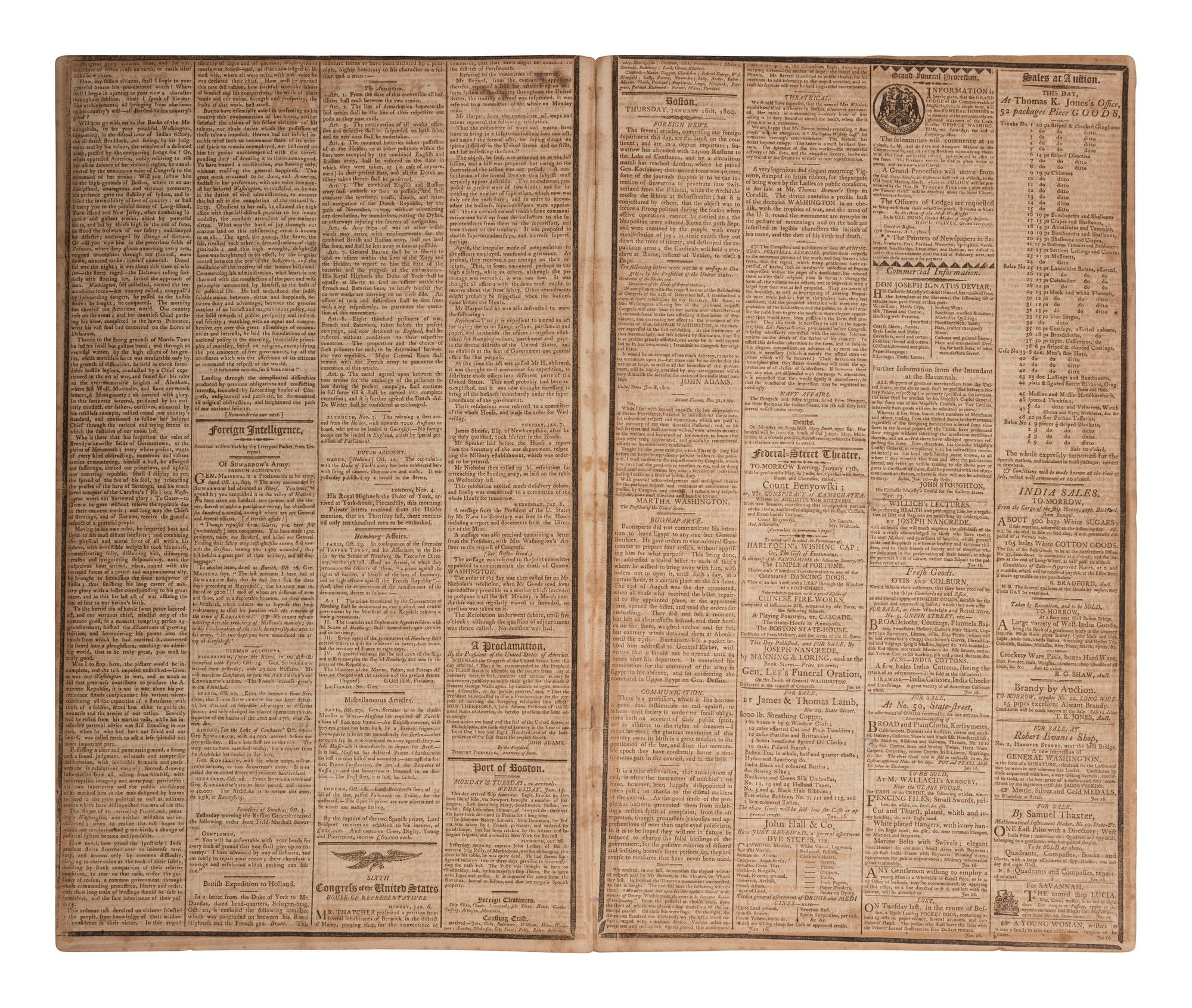 [WASHINGTON, George (1732-1799)]. J. Russell’s Gazette. Vol. VII, Nos. 39-40. Boston, MA: James Cutler, 16 and 20 January 1800. Funeral Oration on the death of George Washington published in 2 consecutive issues.