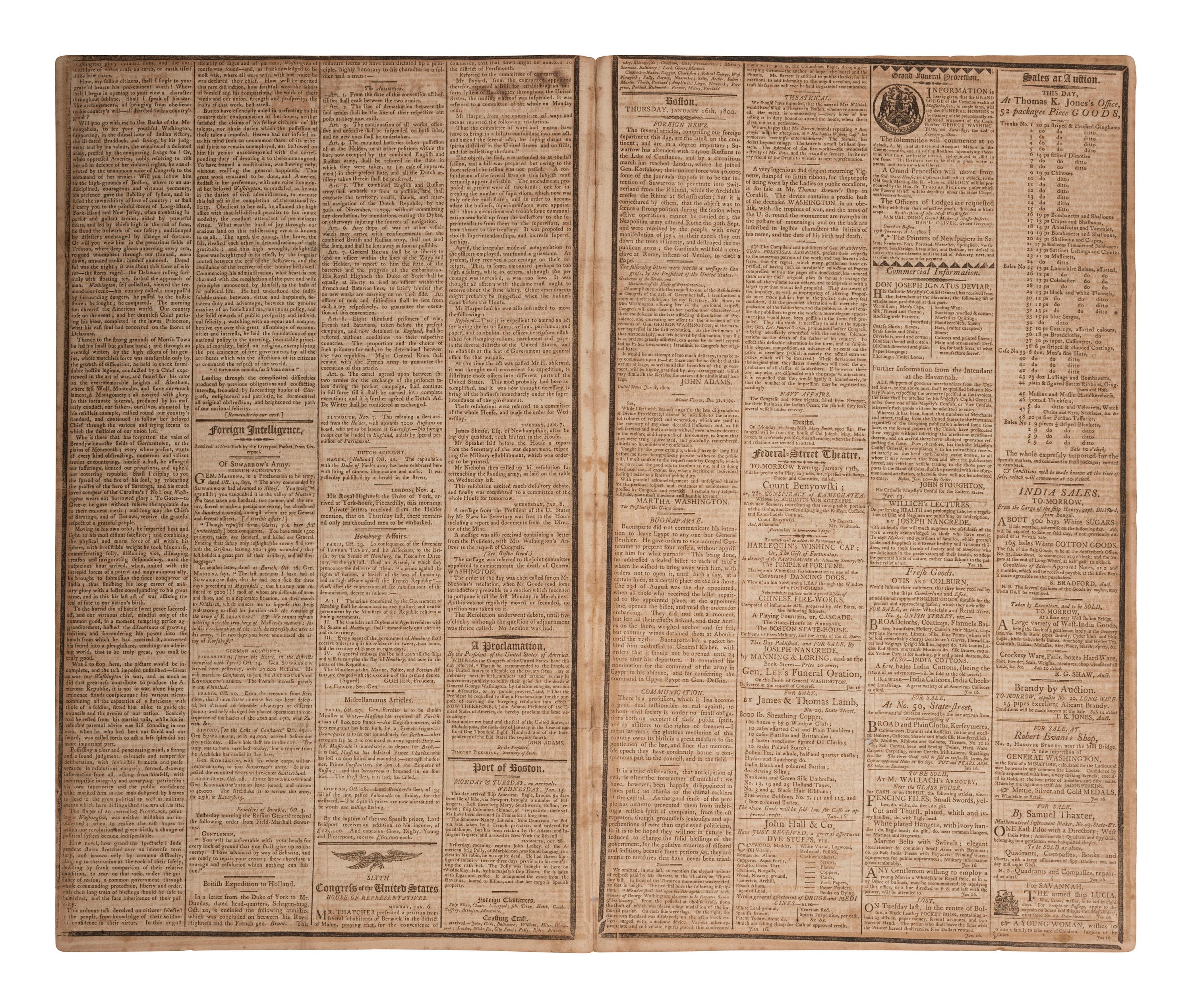 [WASHINGTON, George (1732-1799)]. J. Russell’s Gazette. Vol. VII, Nos. 39-40. Boston, MA: James Cutler, 16 and 20 January 1800. Funeral Oration on the death of George Washington published in 2 consecutive issues.