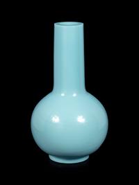 A Large Chinese Opaque Pale Blue Glass Bottle Vase