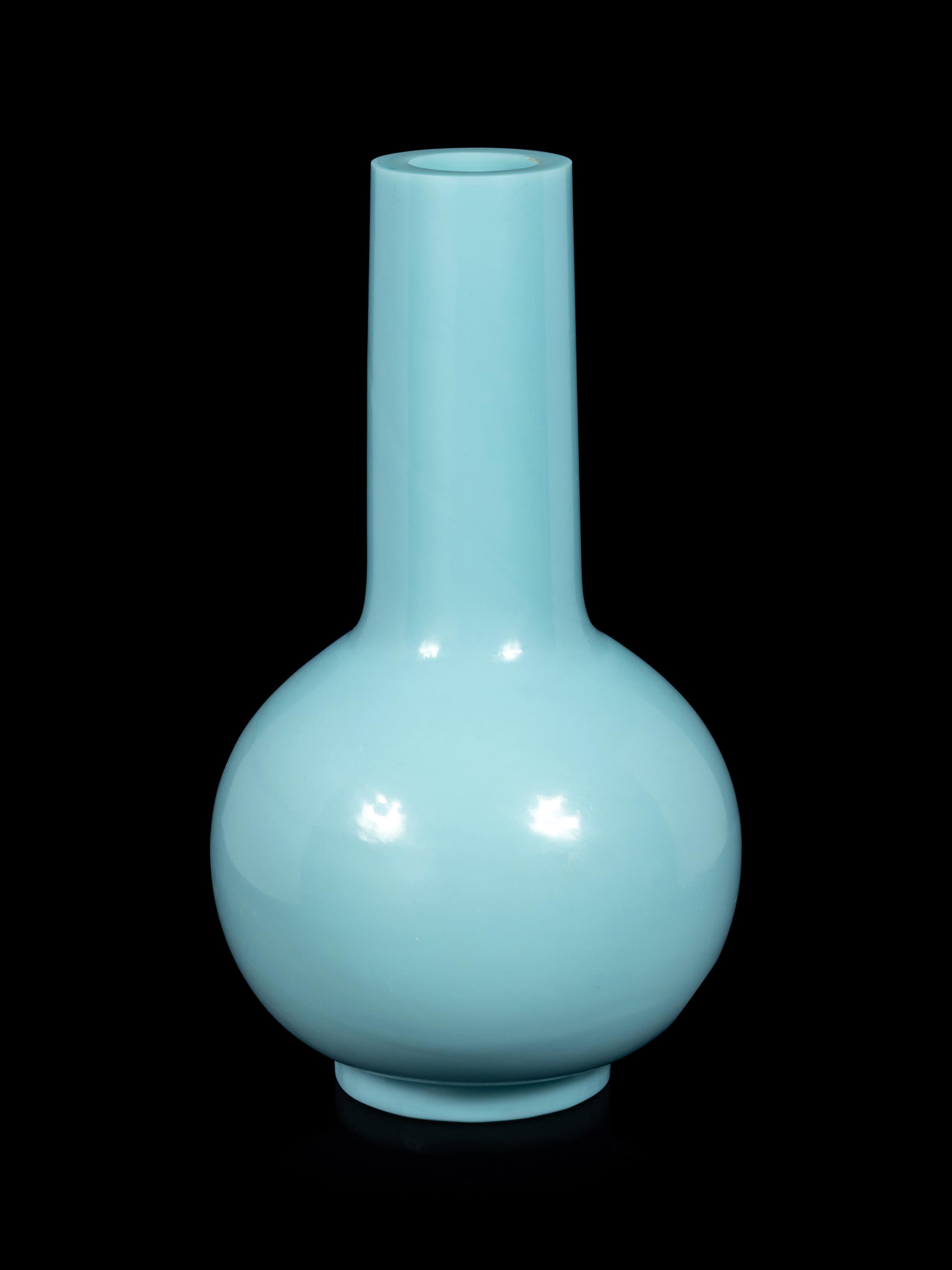 A Large Chinese Opaque Pale Blue Glass Bottle Vase