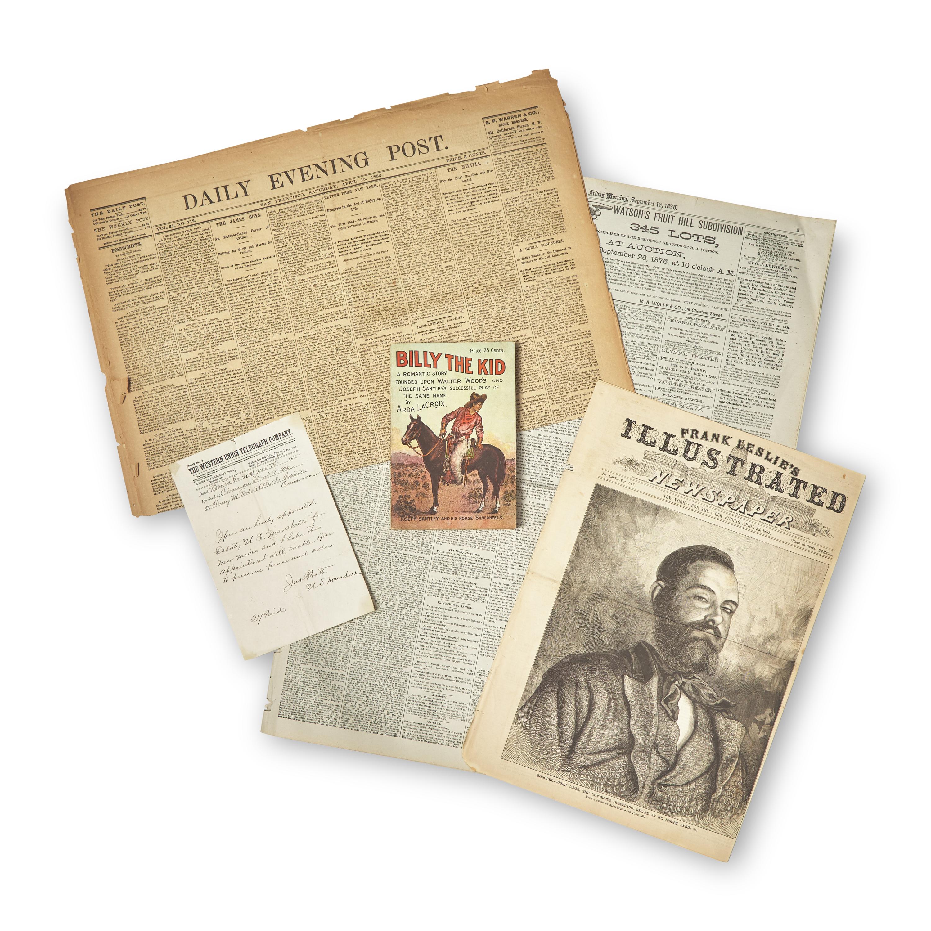 [Old West] Group of 5 Items Related to Jesse James, Billy the Kid, and other Western Outlaws, ca. 1875-1907