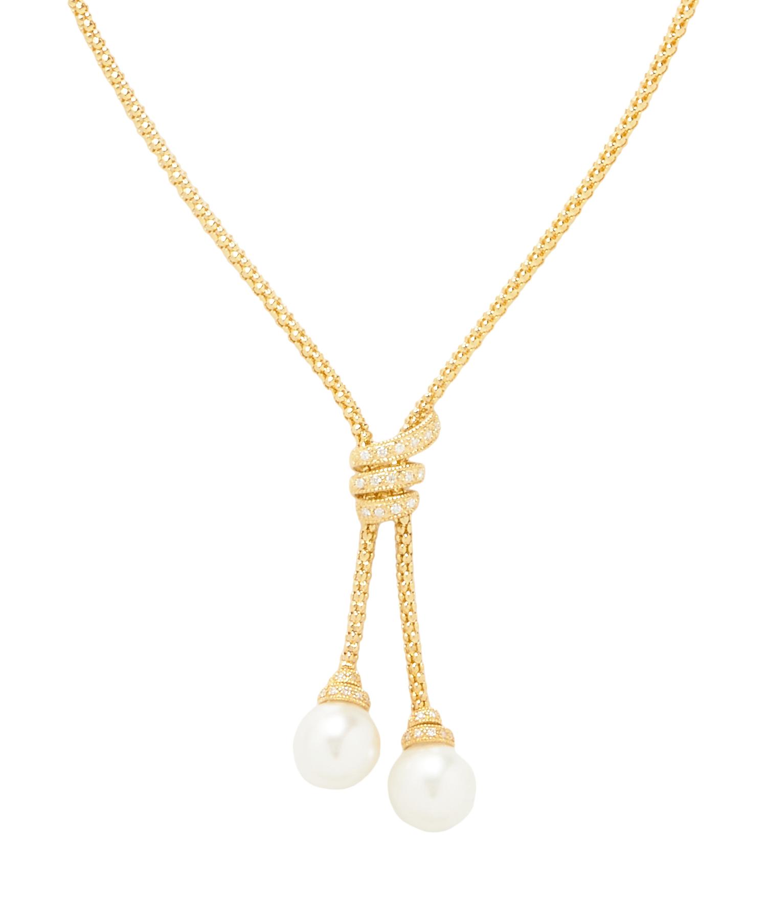 YELLOW GOLD, PEARL, AND DIAMOND LARIAT NECKLACE