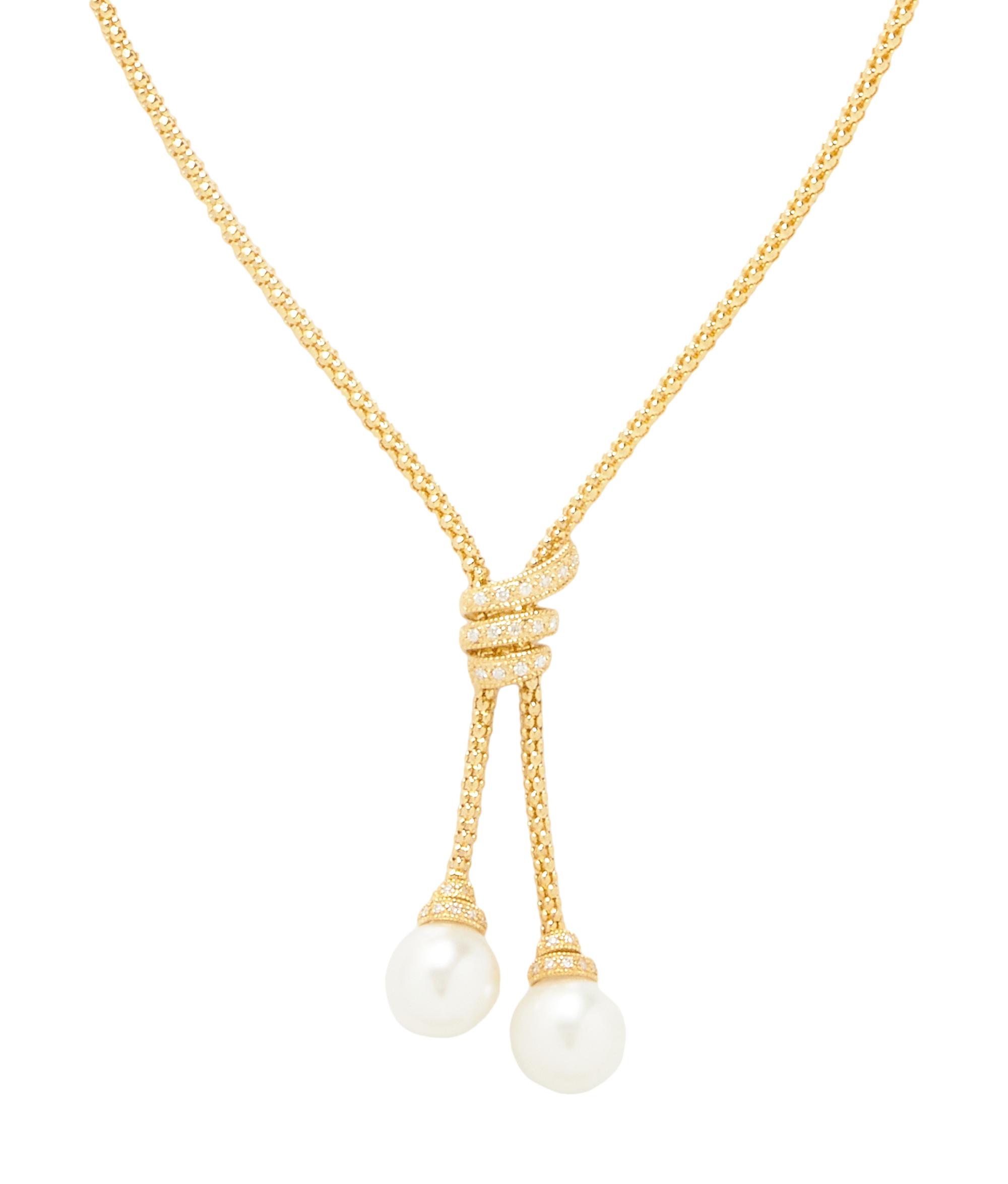 YELLOW GOLD, PEARL, AND DIAMOND LARIAT NECKLACE
