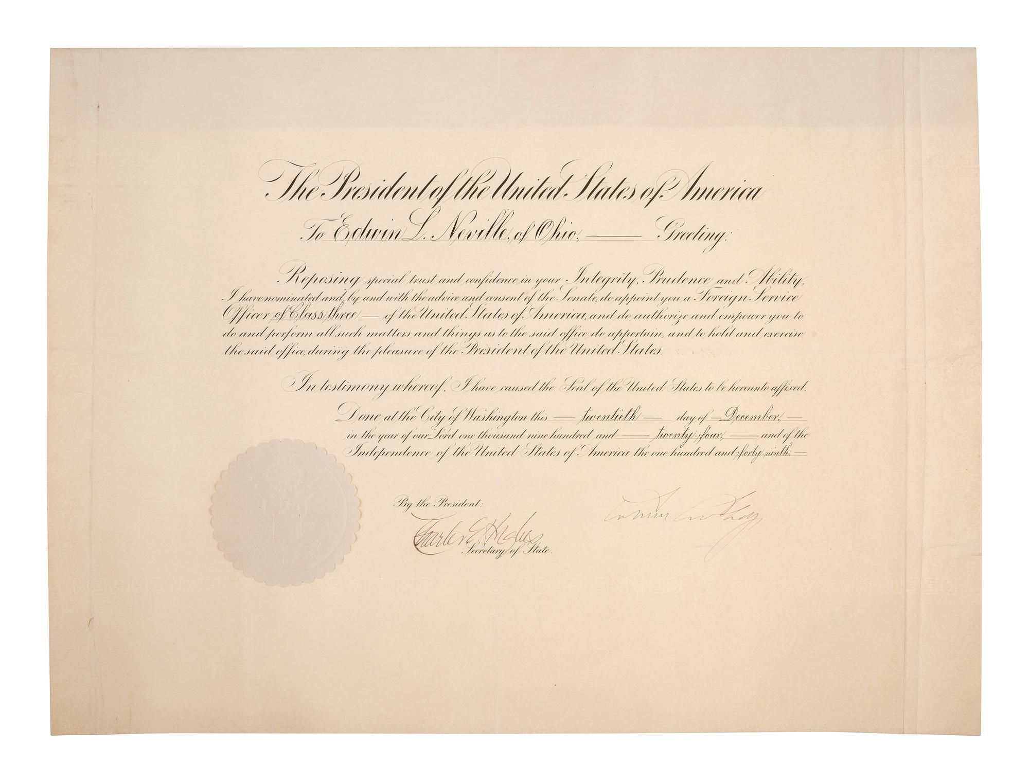 [POLITICS IN AMERICA]. A group of 3 documents signed by Presidents William Howard TAFT, Calvin COOLIDGE, and Gerald FORD.