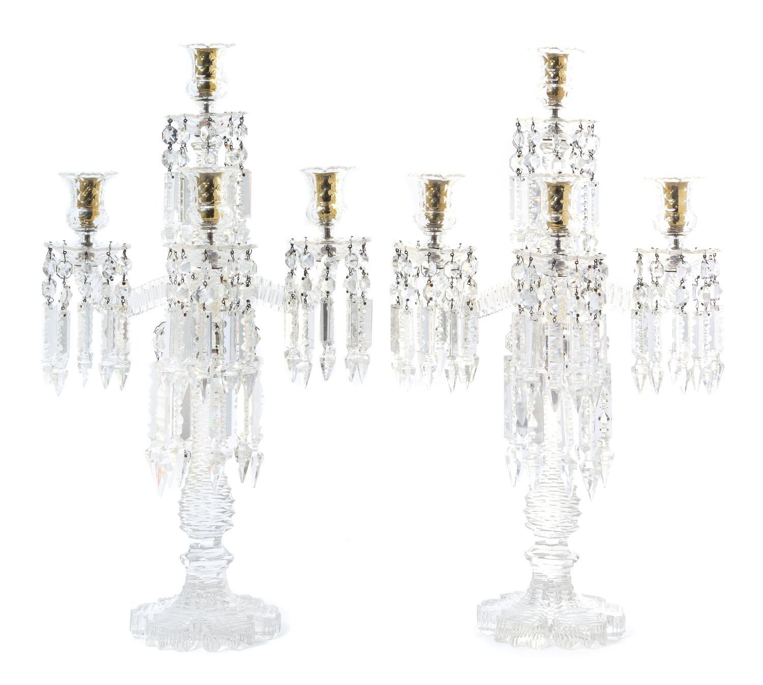 A Pair of Cut Glass Five-Light Candelabra Height 19 inches. — 19TH CENTURY
