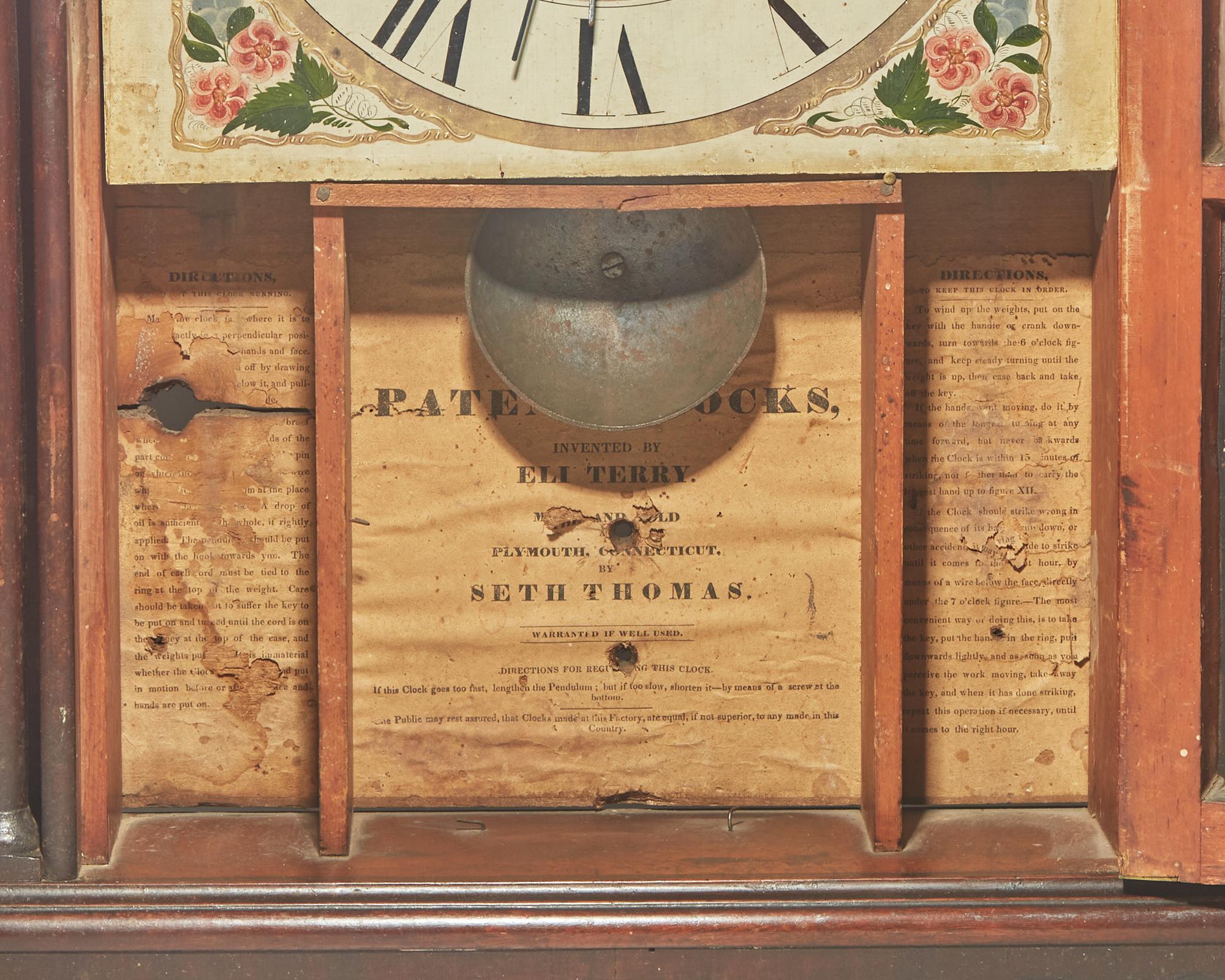 A Federal mahogany pillar and scroll mantel clock, patented by Eli Terry, made by Seth Thomas, Plymouth, CT, circa 1820