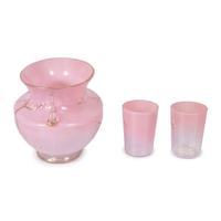 A Pink Glass Jardiniere and a Pair of Tumblers, attributed to Loetz
