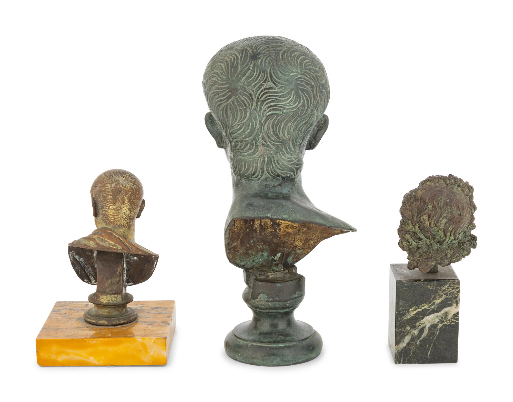 Two Continental Bronze Busts of Julio-Claudian Emperors and a Bronze Bust of a Bearded Man, Possibly Christ